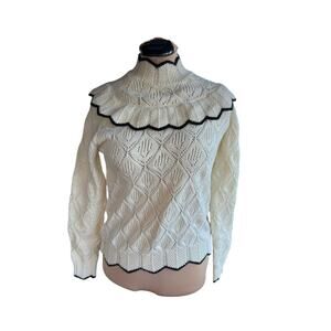 Kaily K Cable Knit Sweater Sz. M - Scallop, Ruffle Collar, Fall, Ivory, Cozy